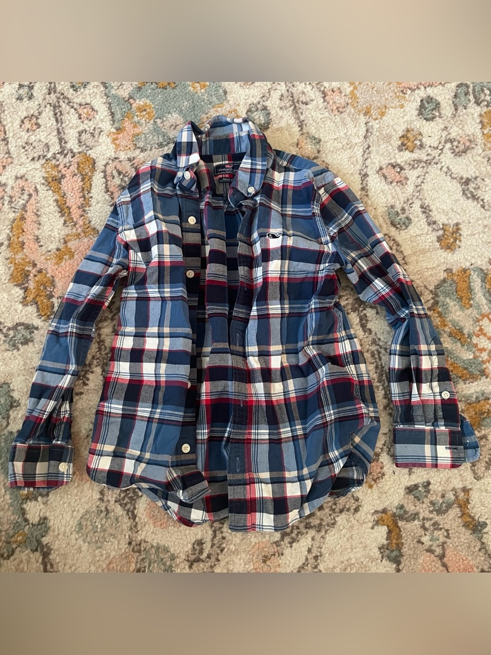 Vineyard Vines Navy, Light Blue & White Plaid Button-Down Shirt Whale Shirt